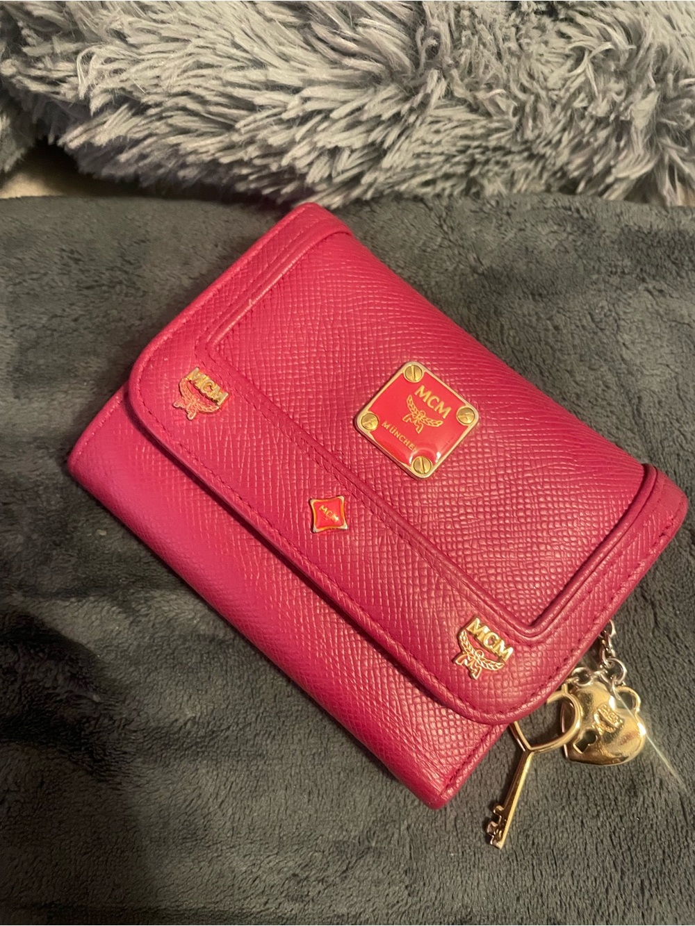 MCM Hot Pink Leather Trifold Wallet with Gold Logo Plate